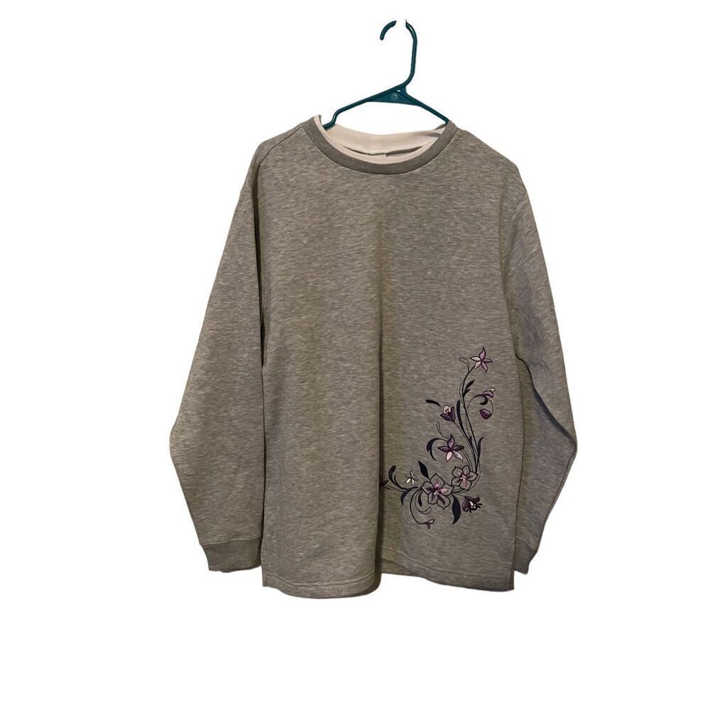Blair Women's Embroidered Crewneck Long Sleeve Pullover Sweatshirt Gray Large